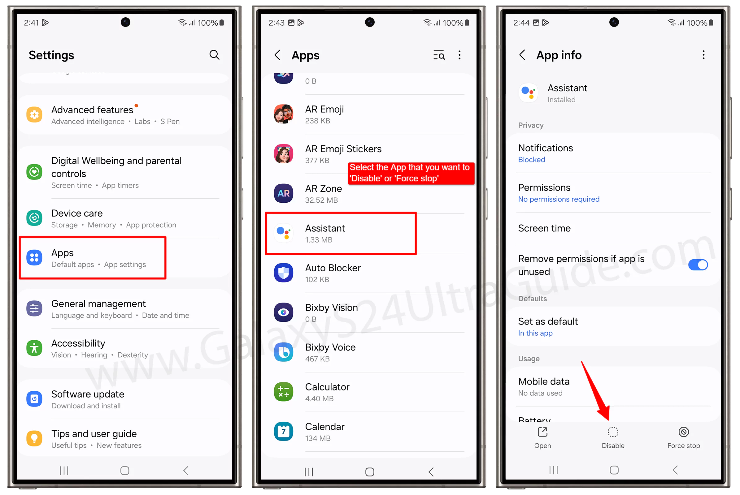 galaxy s24 ultra disable apps from apps section